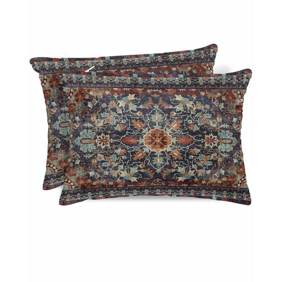 Hokiten Pillow Cases Standard Size Set of 2, Lumbar Pillow Covers, Retro Boho Satin Pillowcases with Zipper for Hair/Skin, Rustic Flowers Modern Geometric Abstract Art 20x26 Inches