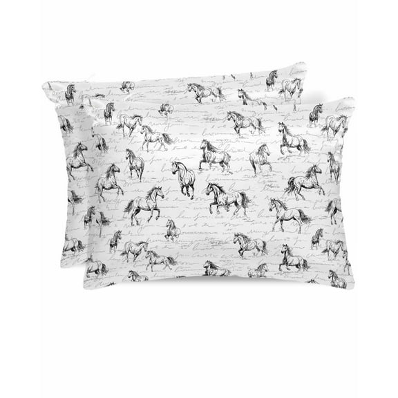 Hokiten Pillow Cases Standard Size Set of 2, Lumbar Pillow Covers, Running Horse Satin Pillowcases with Zipper for Hair/Skin, Retro Black Minimalist Animal Sketch 20x26 Inches