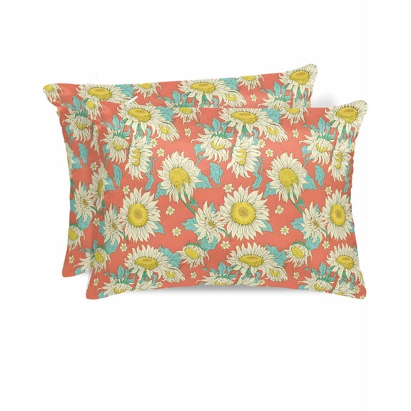 Hokiten Pillow Cases Standard Size Set of 2, Lumbar Pillow Covers, Spring Yellow Daisy Satin Pillowcases with Zipper for Hair/Skin, Floral Leaves Retro Country Rustic 20x26 Inches