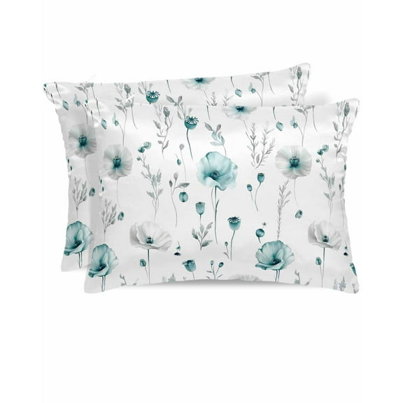 Hokiten Pillow Cases Standard Size Set of 2, Lumbar Pillow Covers, Turquoise Flowers Satin Pillowcases with Zipper for Hair/Skin, Farmhouse Spring Botanical Floral 20x26 Inches