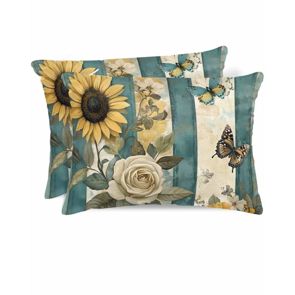 Hokiten Pillow Cases Standard Size Set of 2, Lumbar Pillow Covers, White Roses Satin Pillowcases with Zipper for Hair/Skin, Sunflower Spring Floral Retro Blue Striped 20x26 Inches