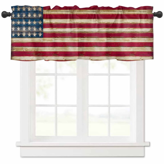 Hokiten Rod Pocket Curtain Valance, American Flag Vintage Farmhouse Window Valance for Living Room, Bedroom, Kitchen Brown Red Stripes US Flag 42"W x 12"L
