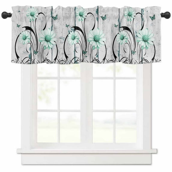Hokiten Rod Pocket Curtain Valance, Aqua Daisy Farmhouse Window Valance for Living Room, Bedroom, Kitchen Rustic Butterfly Floral Gray Wooden Grain 42"W x 12"L