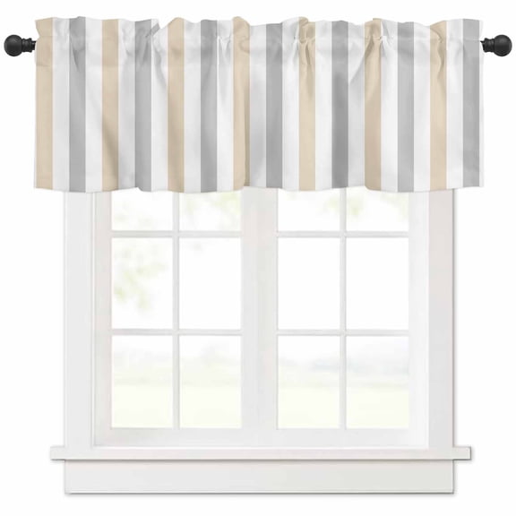 Hokiten Rod Pocket Curtain Valance, Beige Grey Striped Farmhouse Window Valance for Living Room, Bedroom, Kitchen Geometric Vertical Stripes White 42"W x 12"L