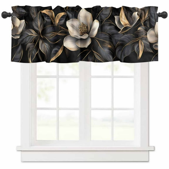 Hokiten Rod Pocket Curtain Valance, Black Gold Flower Farmhouse Window Valance for Living Room, Bedroom, Kitchen Gradient Luxurious Floral Botanical 54"W x 18"L