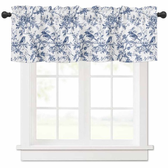 Hokiten Rod Pocket Curtain Valance, Blue Bird Flower Farmhouse Window Valance for Living Room, Bedroom, Kitchen Retro Tree Branch Floral Fall Winter 42"W x 18"L