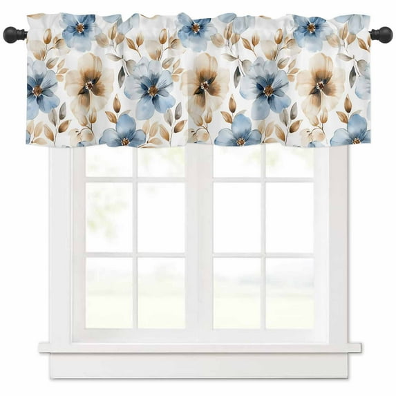 Hokiten Rod Pocket Curtain Valance, Blue Brown Spring Floral Farmhouse Window Valance for Living Room, Bedroom, Kitchen Summer Botanical Watercolor 42"W x 18"L