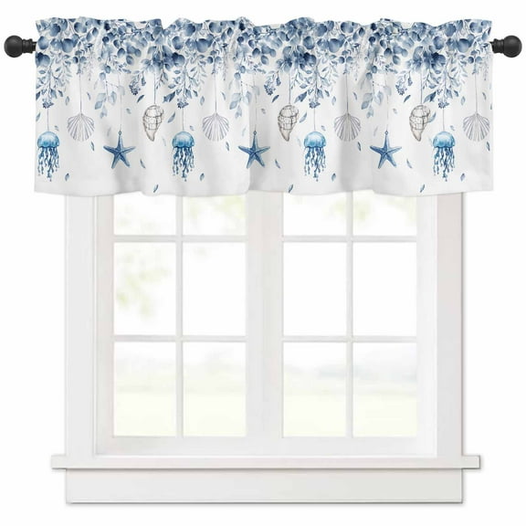 Hokiten Rod Pocket Curtain Valance, Blue Coastal Farmhouse Window Valance for Living Room, Bedroom, Kitchen Summer Eucalyptus Leaves Beach Ocean Starfish Nautical 42"W x 12"L