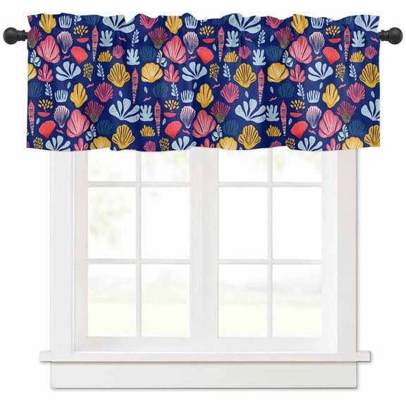 Hokiten Rod Pocket Curtain Valance, Blue Coastal Farmhouse Window Valance for Living Room, Bedroom, Kitchen Watercolor Summer Ocean Seashells Conch 54"W x 18"L