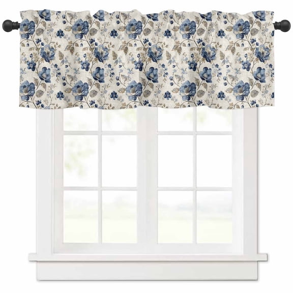 Hokiten Rod Pocket Curtain Valance, Blue Flowers Farmhouse Window Valance for Living Room, Bedroom, Kitchen Vintage Flowers Brown Leaves Watercolor 54"W x 18"L