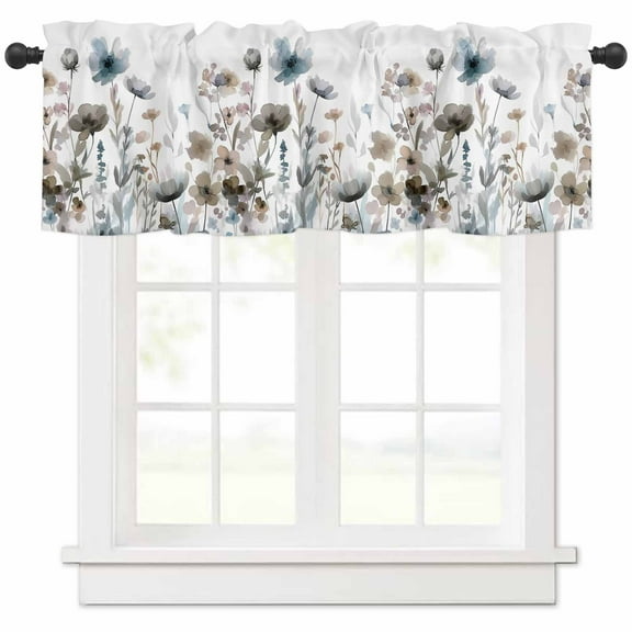 Hokiten Rod Pocket Curtain Valance, Blue Grey Pink Spring Floral Farmhouse Window Valance for Living Room, Bedroom, Kitchen Watercolor Botanical 42"W x 18"L