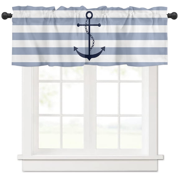 Hokiten Rod Pocket Curtain Valance, Blue White Striped Farmhouse Window Valance for Living Room, Bedroom, Kitchen Navy Blue Beach Nautical Anchor Ocean Coastal 42"W x 12"L