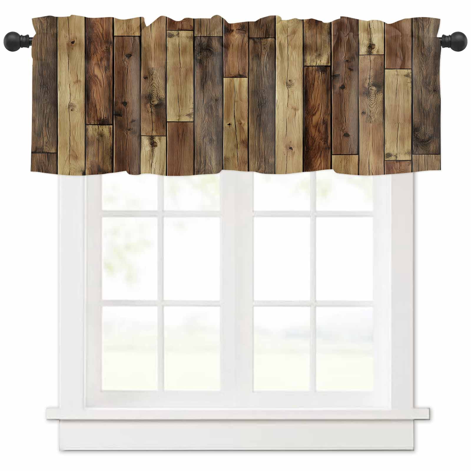 Hokiten Rod Pocket Curtain Valance, Brown Wooden Grain Farmhouse Window