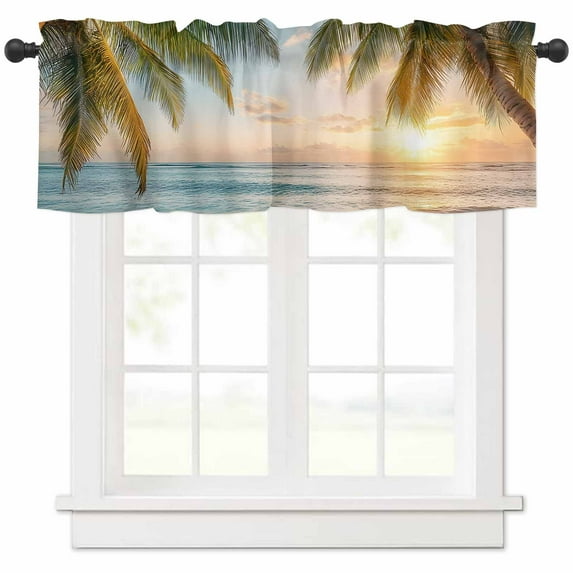 Hokiten Rod Pocket Curtain Valance, Coastal Beach Farmhouse Window Valance for Living Room, Bedroom, Kitchen Summer Tropical Palm Trees Ocean 60"W x 18"L