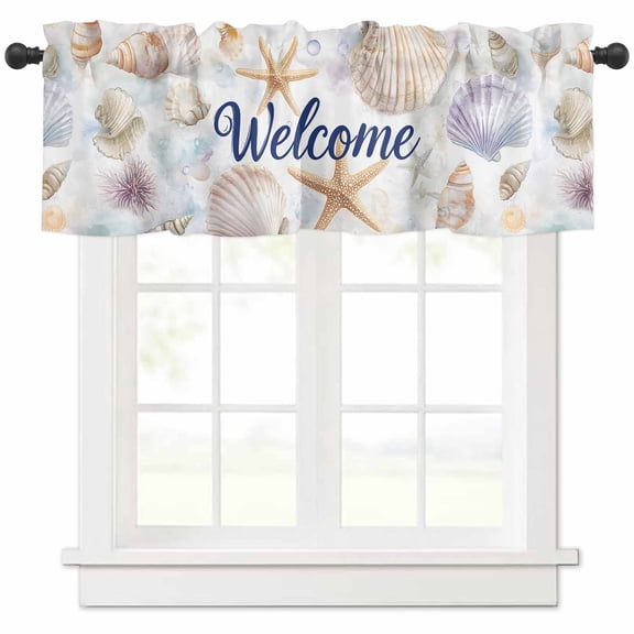 Hokiten Rod Pocket Curtain Valance, Coastal Shell Farmhouse Window Valance for Living Room, Bedroom, Kitchen Summer Beach Ocean Sea Starfish Watercolor 42"W x 18"L
