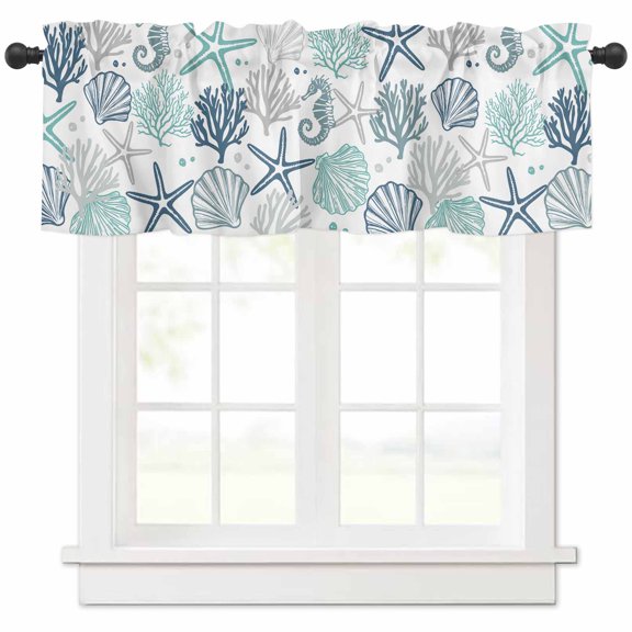 Hokiten Rod Pocket Curtain Valance, Coastal Teal Green Farmhouse Window Valance for Living Room, Bedroom, Kitchen Coral Starfish Ocean Seahorse Shell 54"W x 18"L