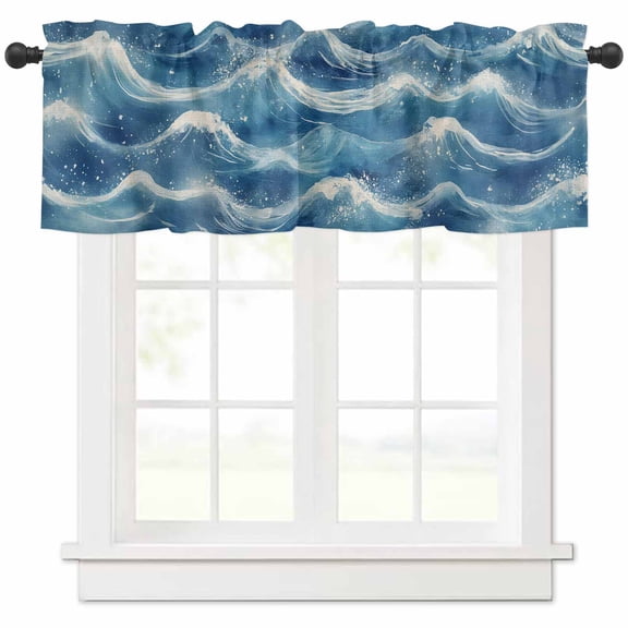 Hokiten Rod Pocket Curtain Valance, Coastal Waves Farmhouse Window Valance for Living Room, Bedroom, Kitchen Summer Beach Ocean Nautical Burlap 60"W x 18"L