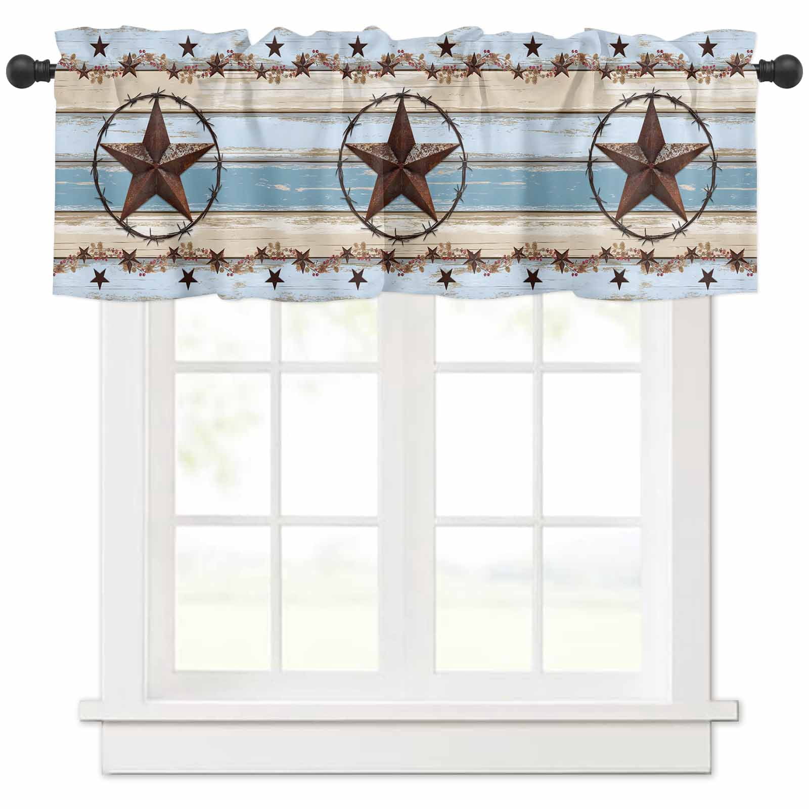 Hokiten Rod Pocket Curtain Valance, Country Star Blue Farmhouse Window
