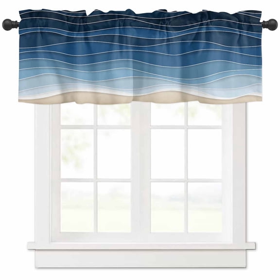 Hokiten Rod Pocket Curtain Valance, Dark Blue Waves Farmhouse Window Valance for Living Room, Bedroom, Kitchen Modern Minimalism Ombre Sea Waves 42"W x 12"L