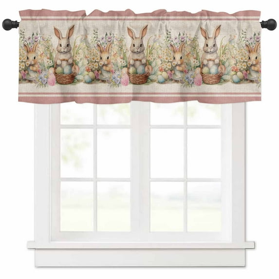 Hokiten Rod Pocket Curtain Valance, Easter Bunny Pink, Farmhouse Window Valance for Living Room, Bedroom, Kitchen Country French Vintage Botanical Eggs 60"W x 18"L