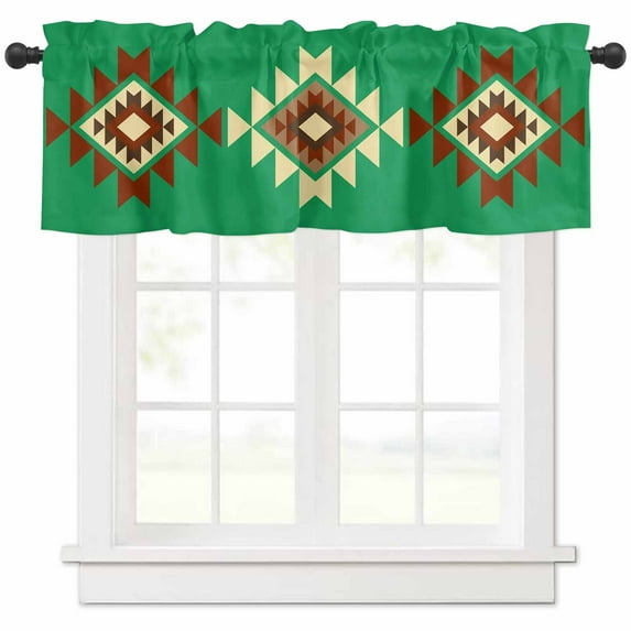 Hokiten Rod Pocket Curtain Valance, Green Brown Boho Farmhouse Window Valance for Living Room, Bedroom, Kitchen Country Simple Abstract Ethnic Geometric 42"W x 12"L