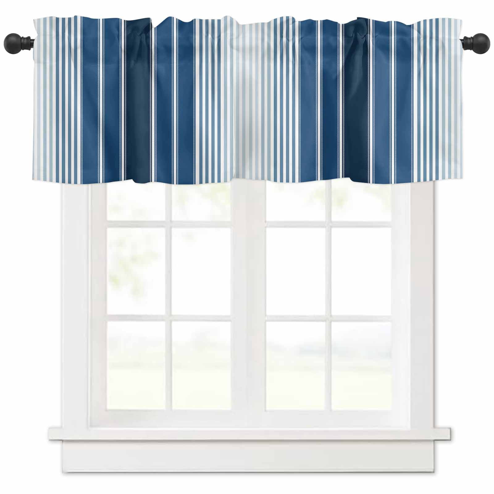 Hokiten Rod Pocket Curtain Valance, Navy Blue Stripe Farmhouse Window