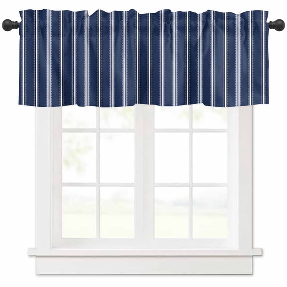 Hokiten Rod Pocket Curtain Valance, Navy Blue Striped Farmhouse Window Valance for Living Room, Bedroom, Kitchen Navy Blue White Farmhouse Stripes 42"W x 12"L