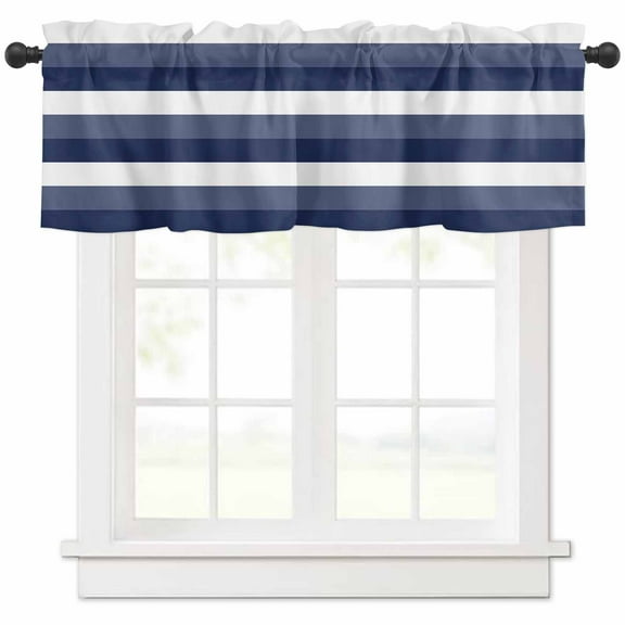 Hokiten Rod Pocket Curtain Valance, Navy Blue White Striped Farmhouse Window Valance for Living Room, Bedroom, Kitchen Farmhouse Stripes 54"W x 18"L