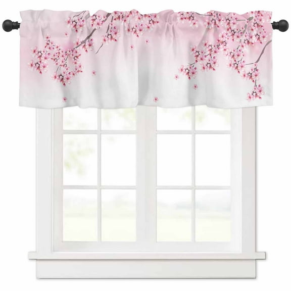 Hokiten Rod Pocket Curtain Valance, Pink Flowers Farmhouse Window Valance for Living Room, Bedroom, Kitchen Spring Botanical Floral Branches Gradient 60"W x 18"L