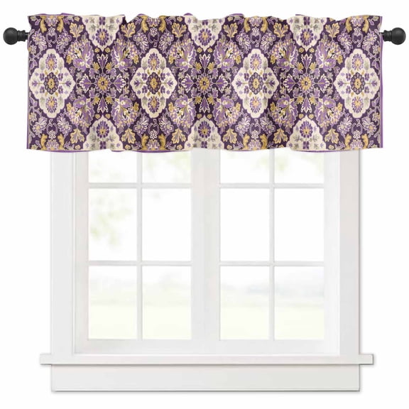 Hokiten Rod Pocket Curtain Valance, Purple Boho Farmhouse Window Valance for Living Room, Bedroom, Kitchen Ethnic Southwest Country Flowers Motifs 42"W x 12"L