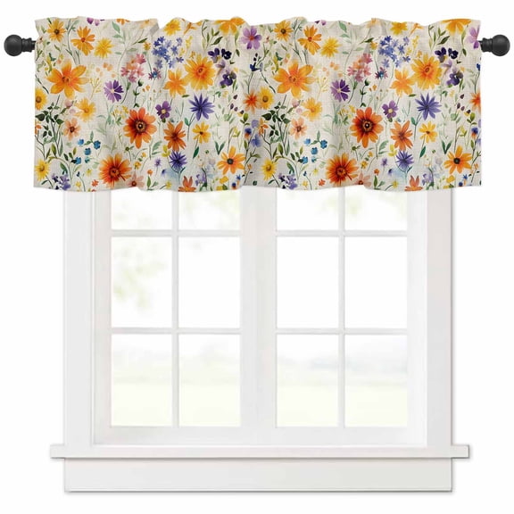 Hokiten Rod Pocket Curtain Valance, Purple Yellow Flowers Farmhouse Window Valance for Living Room, Bedroom, Kitchen Retro Spring Pastoral Botanical 42"W x 12"L