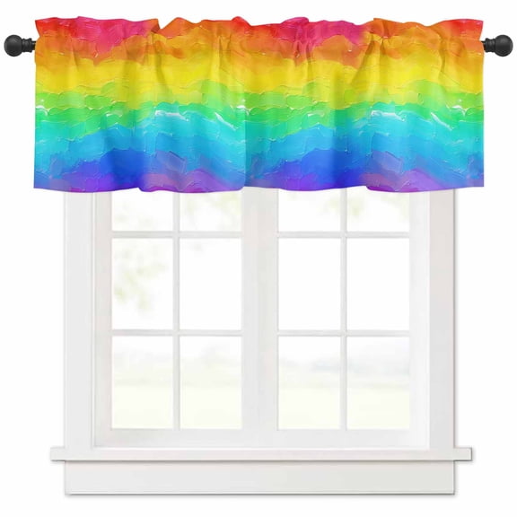 Hokiten Rod Pocket Curtain Valance, Rainbow Oil Painting Farmhouse Window Valance for Living Room, Bedroom, Kitchen Watercolor Colorful Abstract Art 42"W x 12"L