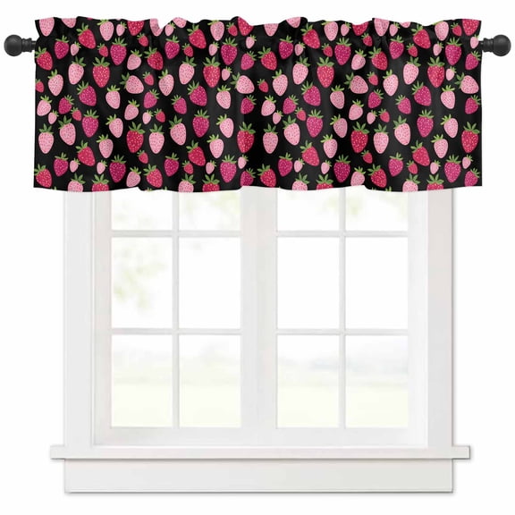 Hokiten Rod Pocket Curtain Valance, Red Pink Strawberry Farmhouse Window Valance for Living Room, Bedroom, Kitchen Black Lovely Summer Spring Fruit 42"W x 12"L