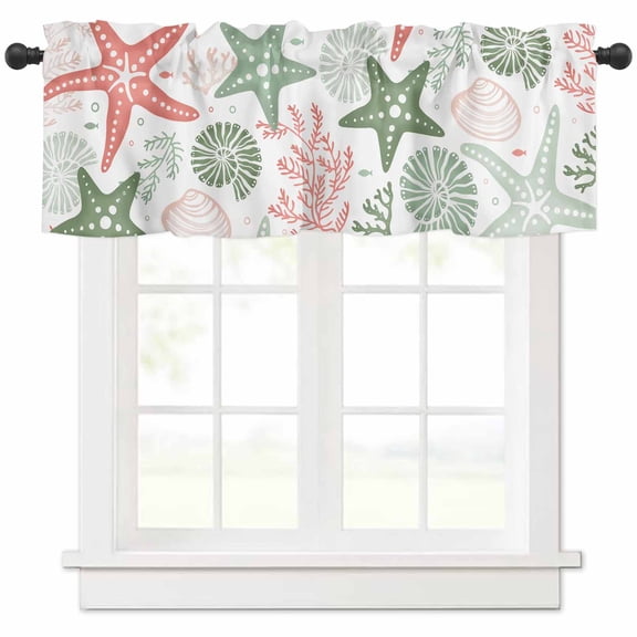 Hokiten Rod Pocket Curtain Valance, Red Sage Green Starfish Coastal Farmhouse Window Valance for Living Room, Bedroom, Kitchen Beach Nautical Coral Sea 42"W x 18"L