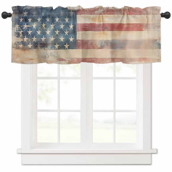 Hokiten Rod Pocket Curtain Valance, Retro American Flag Farmhouse Window Valance for Living Room, Bedroom, Kitchen Rustic Star and Stripes US Flag 42"W x 18"L