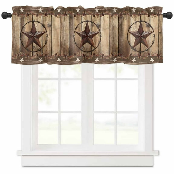 Hokiten Rod Pocket Curtain Valance, Rustic Country Farmhouse Window Valance for Living Room, Bedroom, Kitchen Western Stars Brown Texture Wooden Print 42"W x 18"L