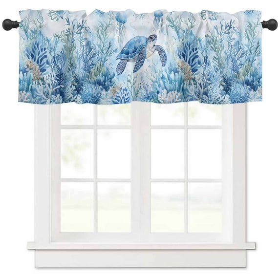 Hokiten Rod Pocket Curtain Valance, Sea Turtle Coastal Farmhouse Window Valance for Living Room, Bedroom, Kitchen Blue Summer Beach Coral Jellyfish 42"W x 12"L