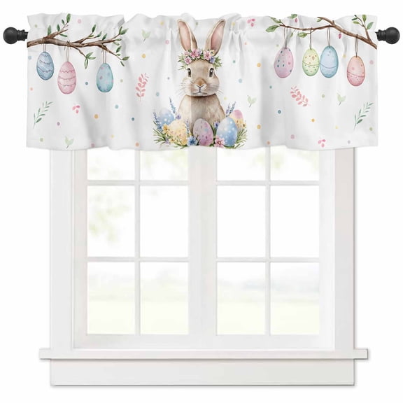 Hokiten Rod Pocket Curtain Valance, Spring Easter Bunny Farmhouse Window Valance for Living Room, Bedroom, Kitchen Colorful Eggs Botanical Floral 42"W x 12"L