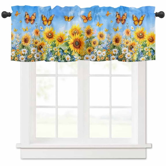 Hokiten Rod Pocket Curtain Valance, Spring Sunflower Daisy Farmhouse Window Valance for Living Room, Bedroom, Kitchen Yellow Butterfly Retro Oil Painting 42"W x 12"L