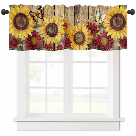 Hokiten Rod Pocket Curtain Valance, Sunflower Brown Wooden Farmhouse Window Valance for Living Room, Bedroom, Kitchen Vintage Flowers Butterfly 42"W x 12"L