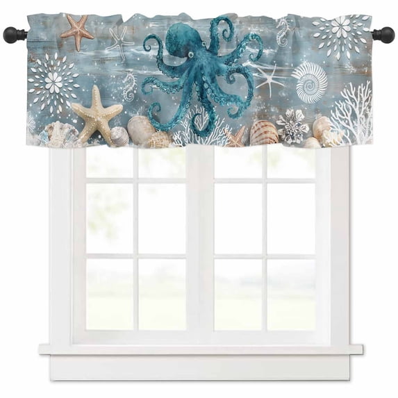 Hokiten Rod Pocket Curtain Valance, Teal Coastal Octopus Farmhouse Window Valance for Living Room, Bedroom, Kitchen Nautical Starfish Coral Beach 54"W x 18"L