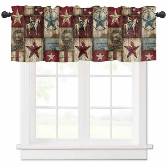 Hokiten Rod Pocket Curtain Valance, Texas Star Vintage Farmhouse Window Valance for Living Room, Bedroom, Kitchen Country Star Western Cowboy 42"W x 12"L