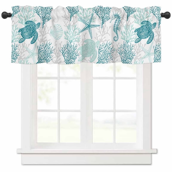 Hokiten Rod Pocket Curtain Valance, Turquoise Coastal Farmhouse Window Valance for Living Room, Bedroom, Kitchen Sea Turtle Nautical Coral Summer Beach 42"W x 12"L