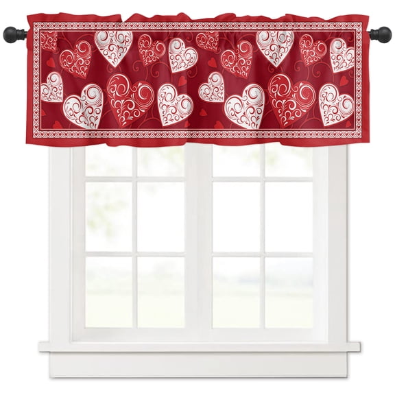 Hokiten Rod Pocket Curtain Valance, Valentines Farmhouse Window Valance for Living Room, Bedroom, Kitchen Red Love Heart Romantic 42"W x 12"L