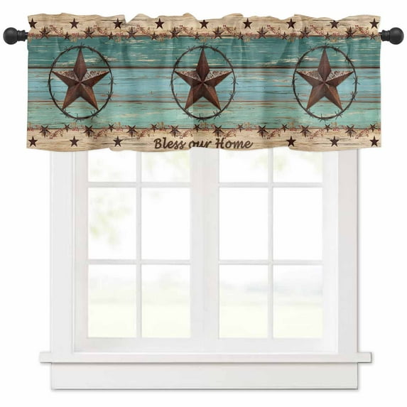 Hokiten Rod Pocket Curtain Valance, Western Texas Star Vintage Farmhouse Window Valance for Living Room, Bedroom, Kitchen Country Teal Green Wood Home 42"W x 18"L