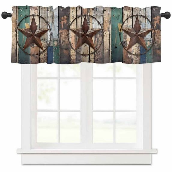 Hokiten Rod Pocket Curtain Valance, Western Texas Stars Farmhouse Window Valance for Living Room, Bedroom, Kitchen Teal Brwon Vintage Wooden Plank 42"W x 18"L