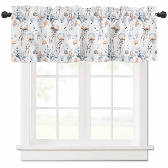 Hokiten Rod Pocket Curtain Valance, White Jellyfish Coral Farmhouse Window Valance for Living Room, Bedroom, Kitchen Summer Ocean Coastal Conch Shell 42"W x 12"L