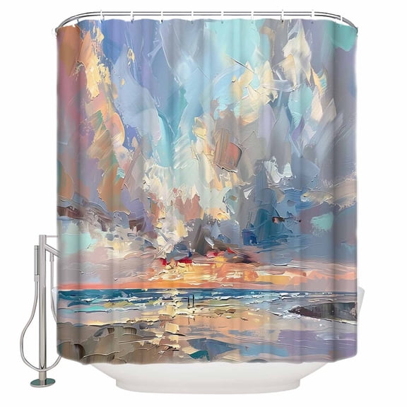 Hokiten Shower Curtain, Grey Blue Teal Coastal Fabric Shower Curtains for Bathroom, Oil Painting Modern Abstract Art Bath Curtain Waterproof Bathtub Curtains with 12 Hooks, Small 36" x 72"