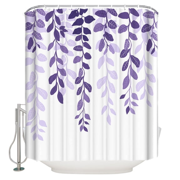Hokiten Shower Curtain, Purple Ombre Botanical Fabric Shower Curtains for Bathroom, Watercolor Country Pastoral Leaf Bath Curtain Waterproof Bathtub Curtains with 12 Hooks, Standard 72" x 72"