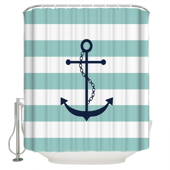 Hokiten Shower Curtain, Teal White Striped Fabric Shower Curtains for Bathroom, Navy Blue Beach Nautical Anchor Ocean Coastal Bath Curtain Waterproof Bathtub Curtains with 12 Hooks, Long 72" x 84"